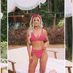 Plunge Neck Striped Bikini-Red/White